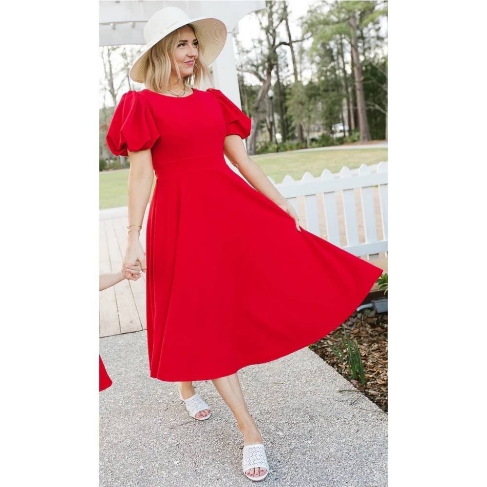Ivy City Co Charlie Dress XL Red Midi Puff Sleeves